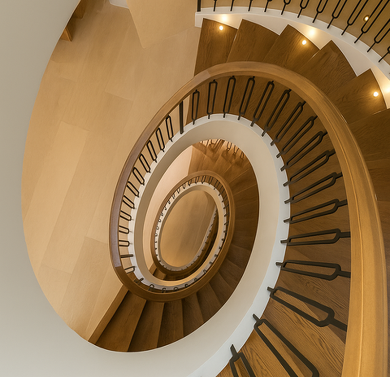 Aerial view of a spiral staircase in a house, showcasing its elegant design and surrounding interior space.